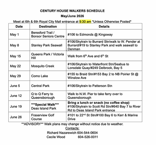 walkers schedule May-June 2026